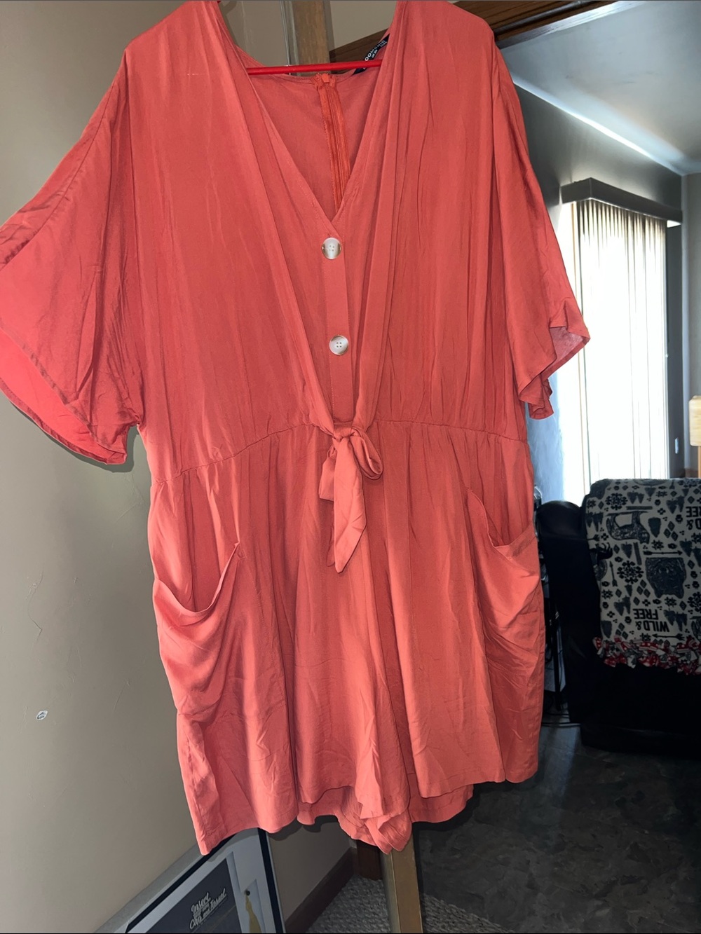 Women's Burnt Orange Tie-Front V-Neck Romper - Coral